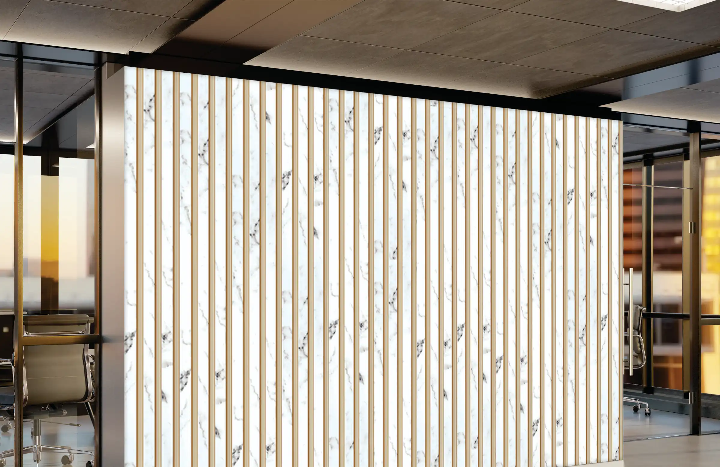Double-height living room louver wall designed with large-scale vertical rhythm and controlled lighting